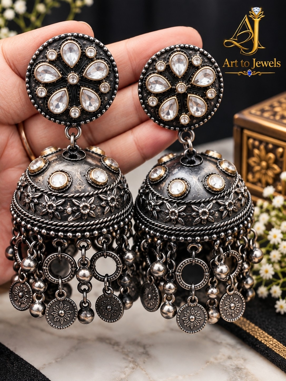 Silver Oxidized Jhumka Earrings with White Stones